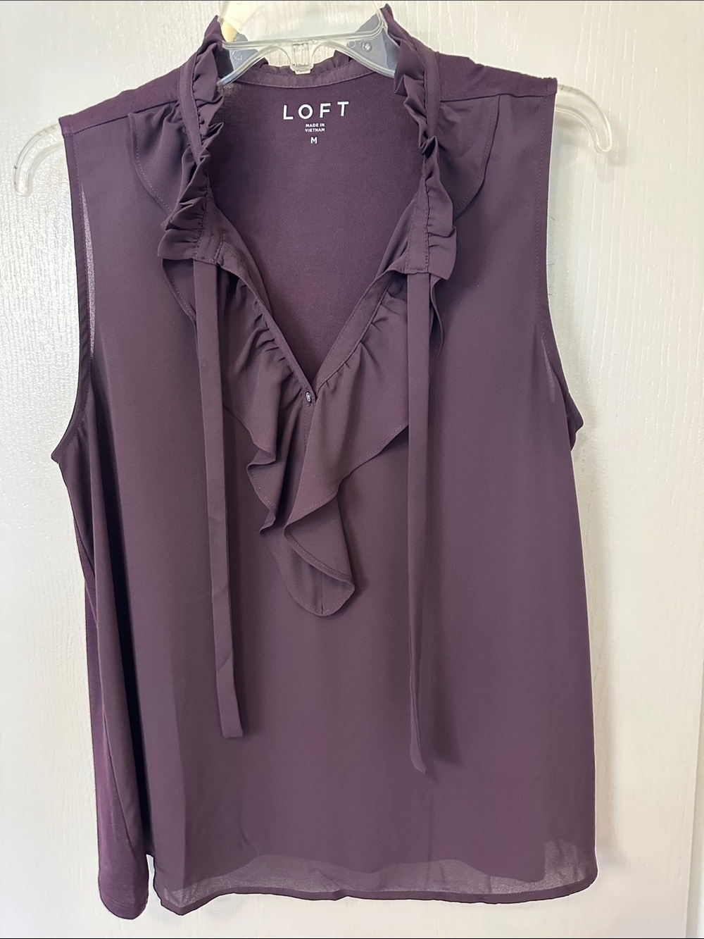 LOFT Sleeveless Ruffle Tie-Neck Camisole - eggplant color